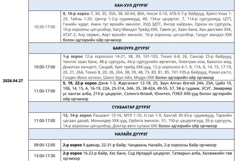Энэ долоо хоногт цахилгаан хязгаарлах байршлуудыг зарлалаа 1 Энэ долоо хоногт цахилгаан хязгаарлах байршлуудыг зарлалаа