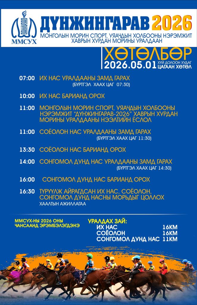 “Дүнжингарав-2026” ямар статустай болох нь тодорлоо: Хаврын морин уралдаан тавдугаар сарын 1-нд болно 1 “Дүнжингарав-2026” ямар статустай болох нь тодорлоо: Хаврын морин уралдаан тавдугаар сарын 1-нд болно