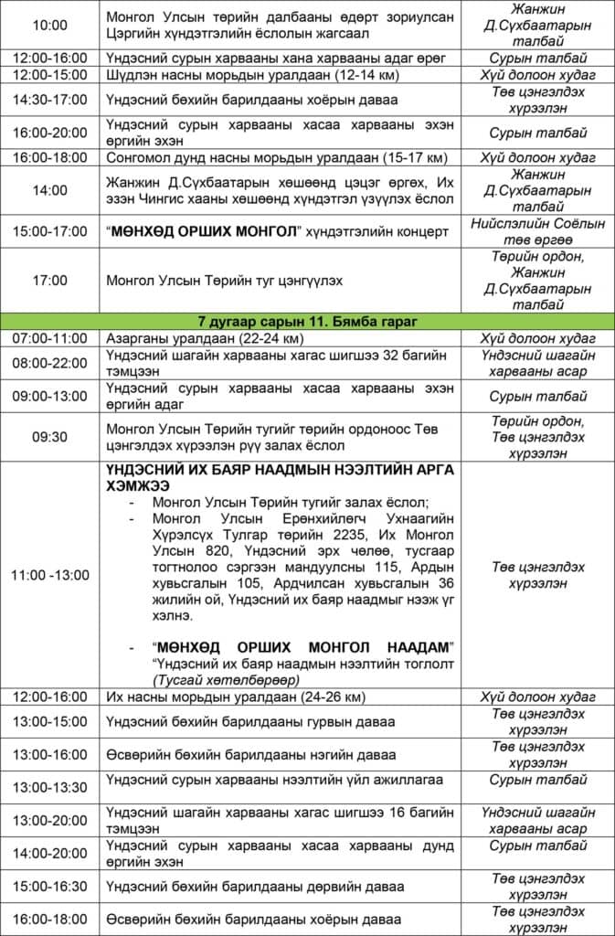 Үндэсний их баяр наадмын нэгдсэн хөтөлбөр: Бөхийн барилдаан гурван өдөр үргэлжилнэ